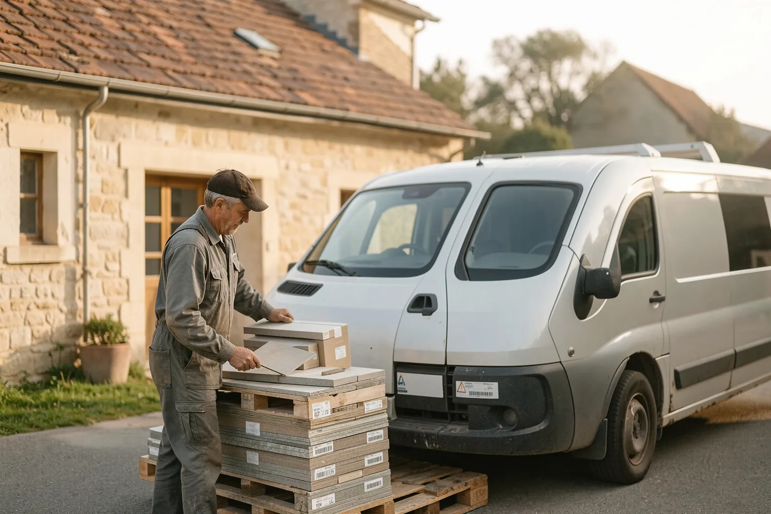 Notre carreleur arrive sur un chantier avec ses carreaux