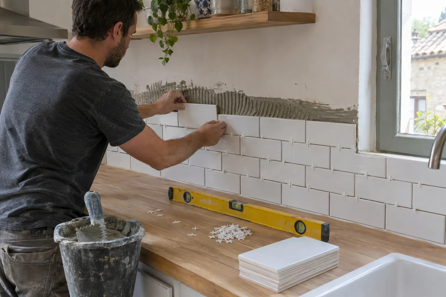 Une crédence de cuisine carrelée en cours de pose, carreaux blancs alignés au-dessus d'un plan de travail, croisillons et niveau posés.