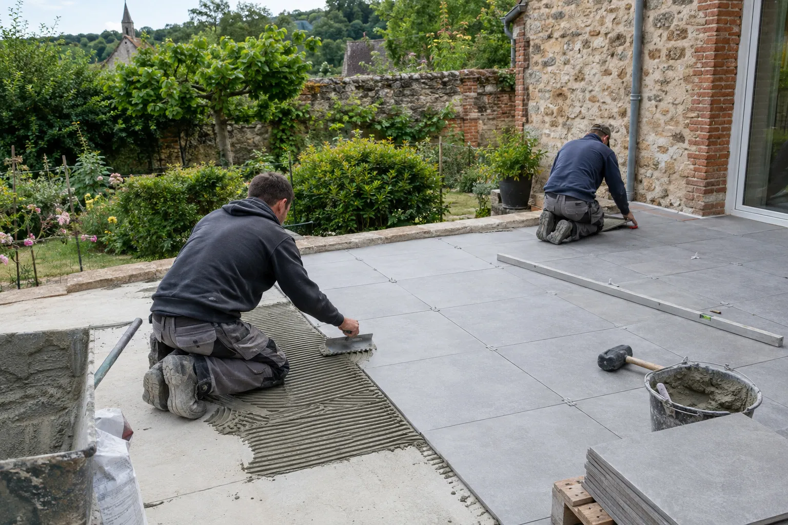 Une terrasse de maison carrelée en grès cérame gris, légère pente visible, jardin et haie au fond.