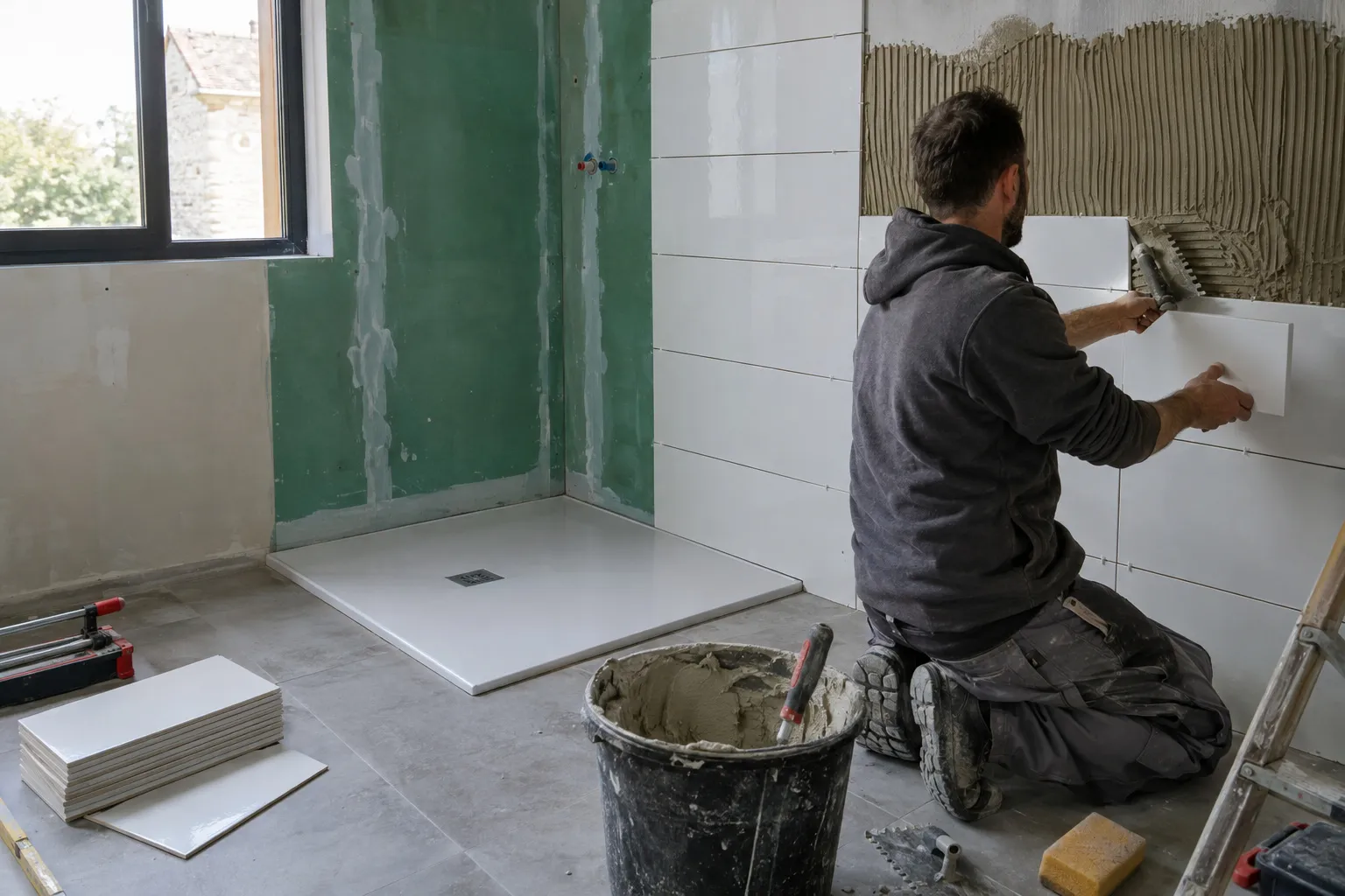 Une salle de bain de maison à Domérat entièrement carrelée en gris clair, douche ouverte, meuble vasque simple.