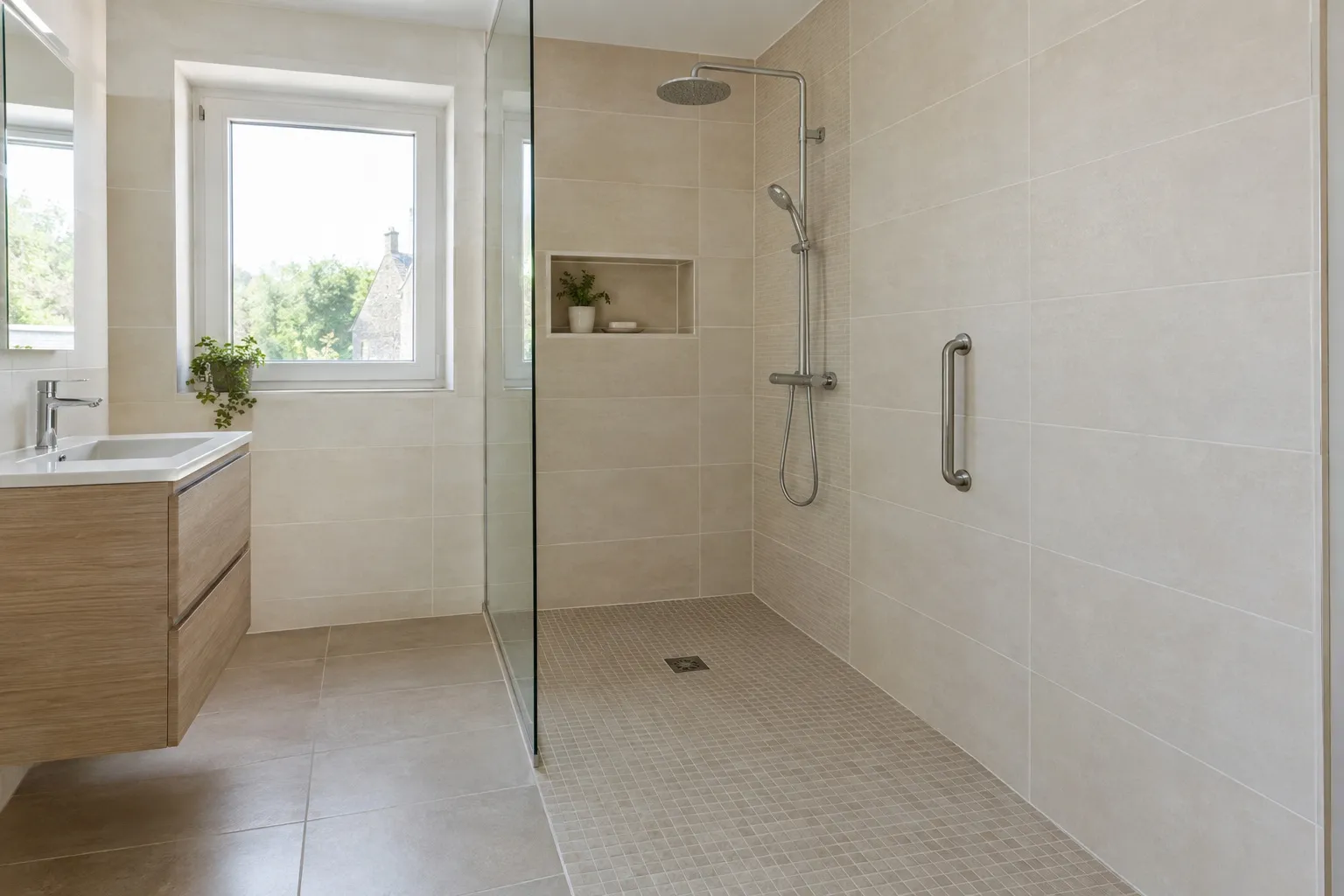 Une salle de bain carrelée avec douche de plain-pied, mur en carreaux clairs, sol antidérapant et joints fins.