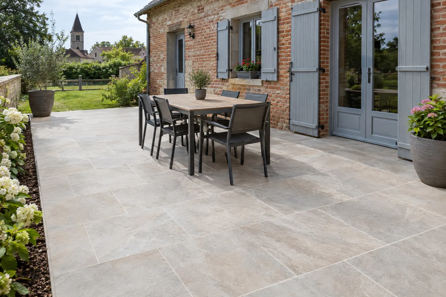 Une terrasse de maison à Commentry carrelée en grès cérame anthracite, mobilier de jardin, pelouse devant.