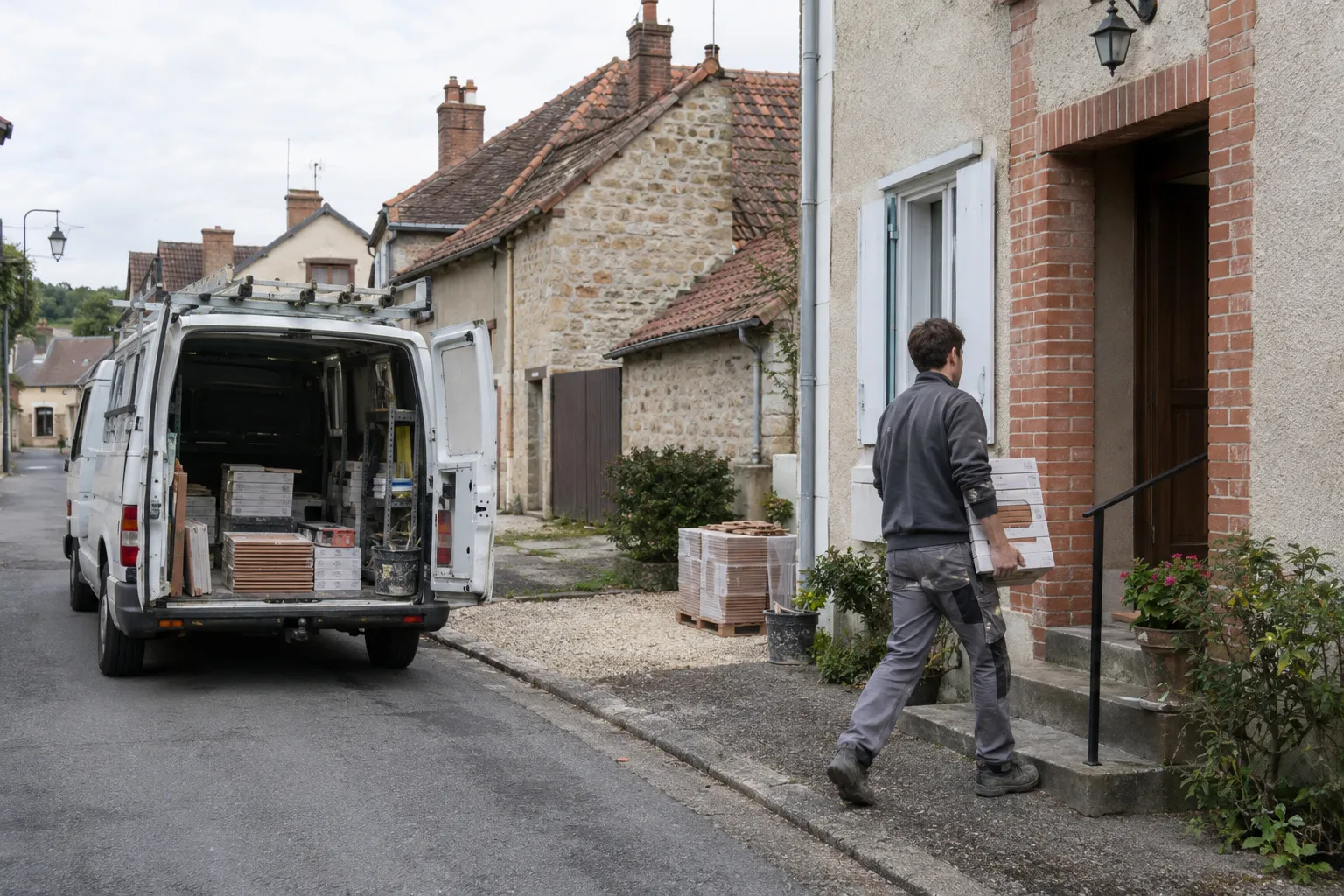 Une maison ancienne de ville à Commentry, entrée carrelée en damier clair, porte ouverte sur la rue.
