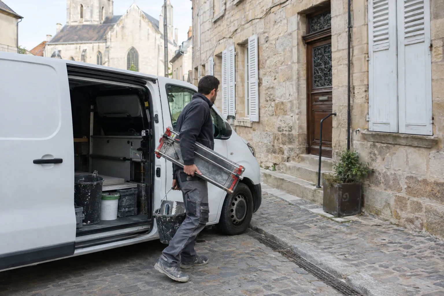 Une rue résidentielle de Montluçon avec des maisons en pierre et brique, un artisan carreleur qui décharge des cartons de carreaux.