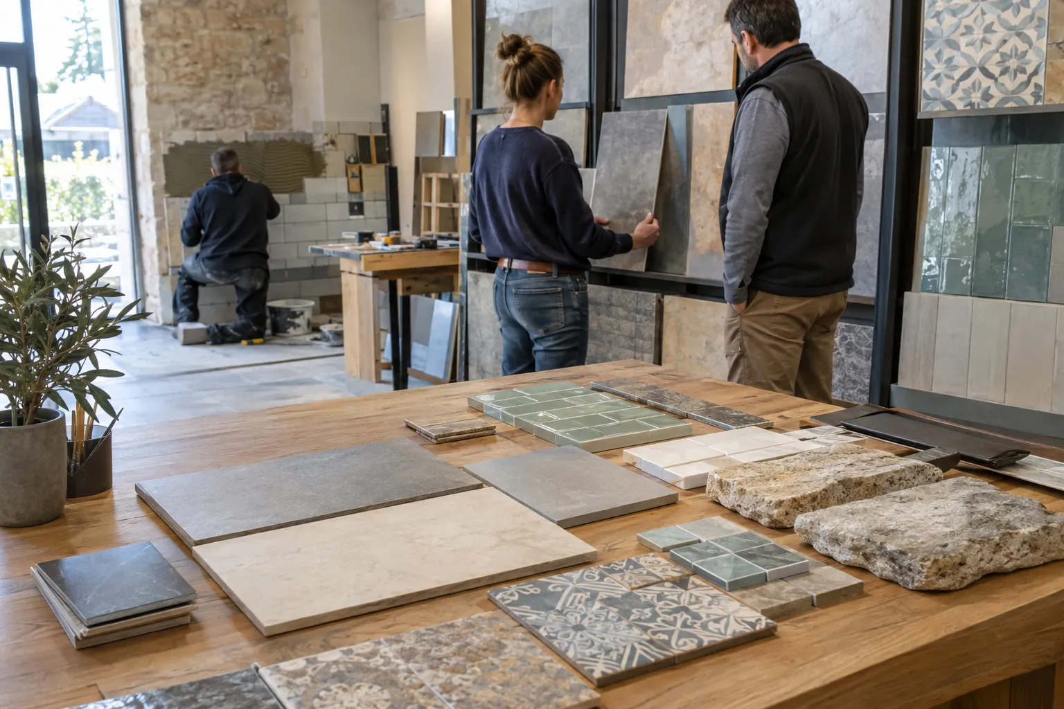 Plusieurs échantillons de carrelage étalés sur une table : grès cérame, faïence blanche, pierre grise, bois imité.
