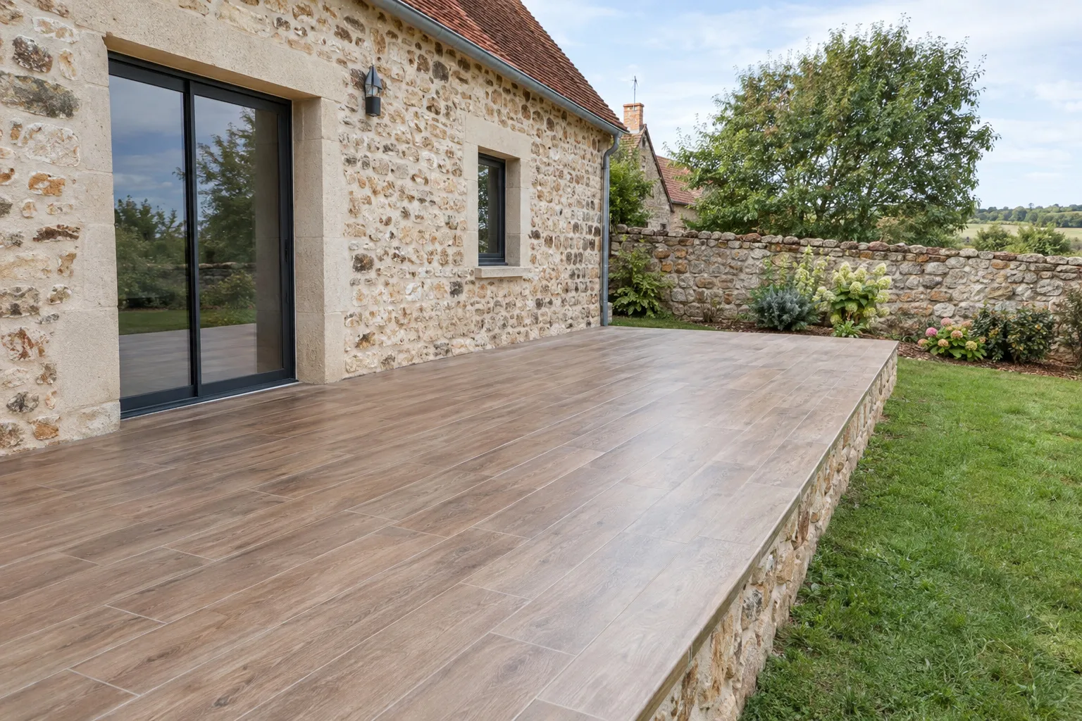 Terrasse en grès cérame effet bois devant une maison de pierre, jardin du Bocage