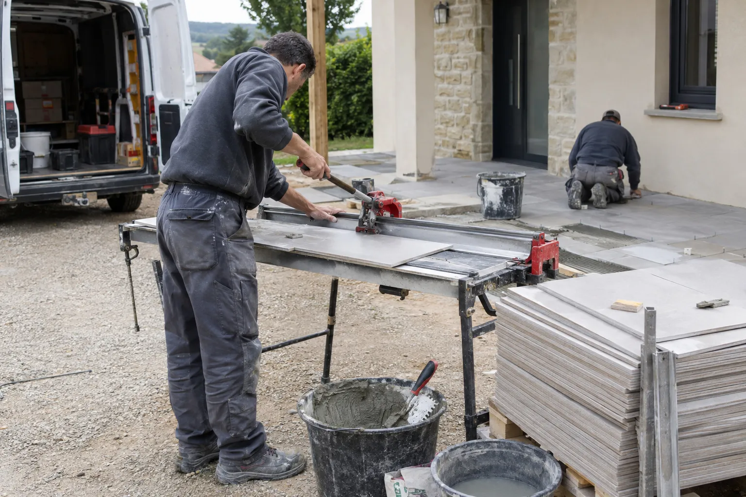Carreleur à la table de coupe devant un pavillon, carreaux et seaux de colle