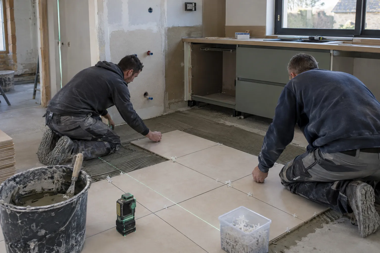 Un sol de séjour en cours de pose, carreaux alignés au cordeau, croisillons visibles, outils de carreleur posés au bord.