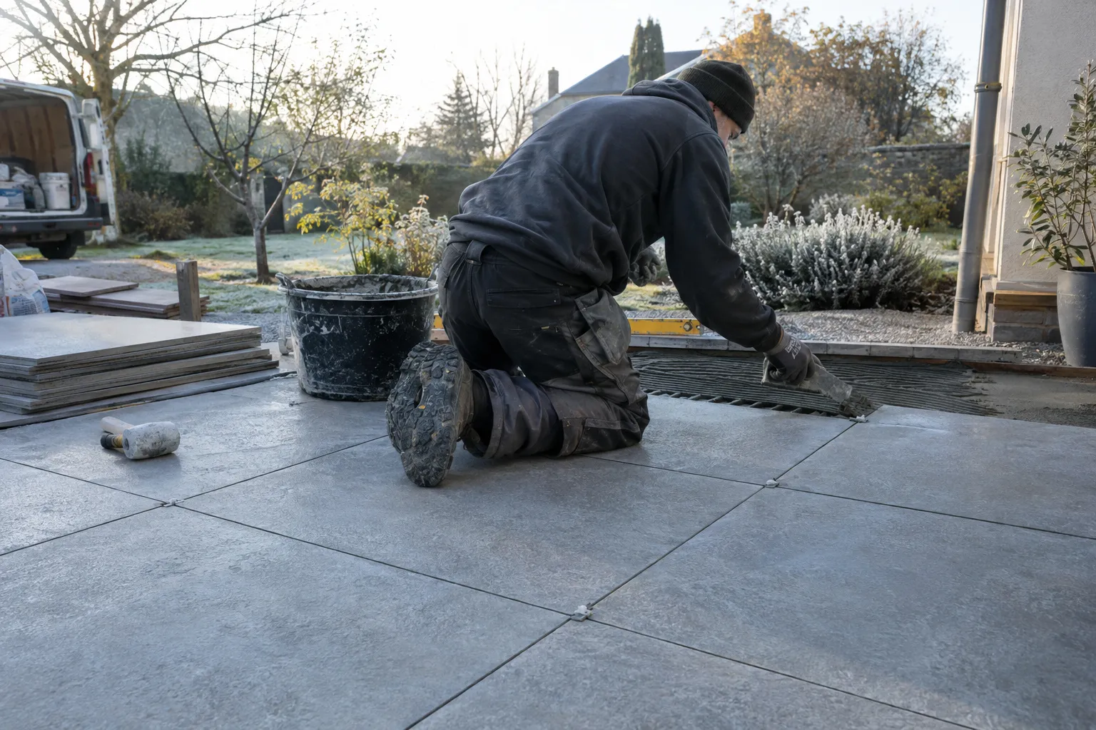 Une terrasse carrelée couverte de givre un matin d'hiver, carreaux gris texturés, haie blanche de gelée au fond.
