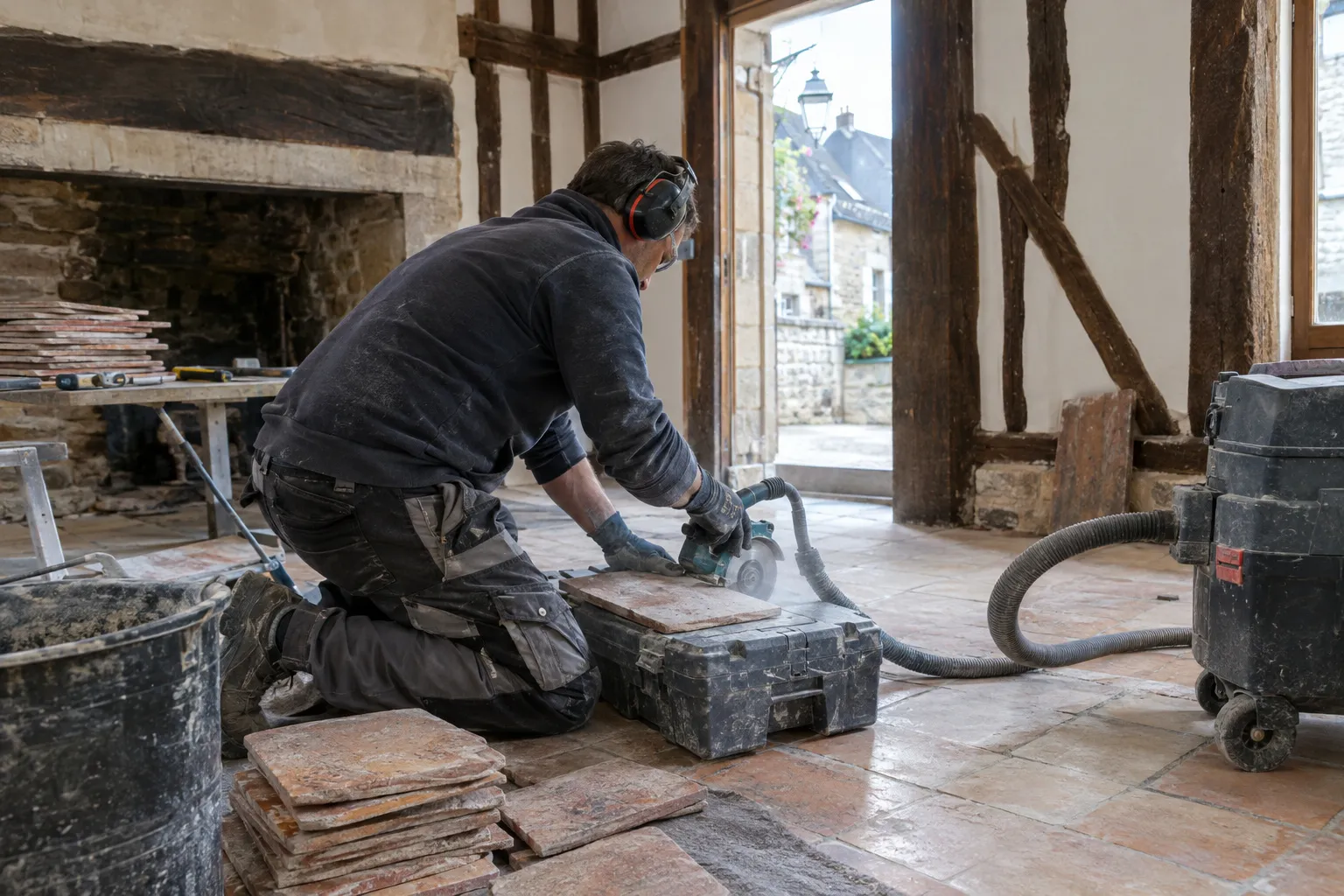 Un appartement ancien de Montluçon, parquet et vieux carrelage déposés, sol nu prêt pour le ragréage, hauts plafonds.