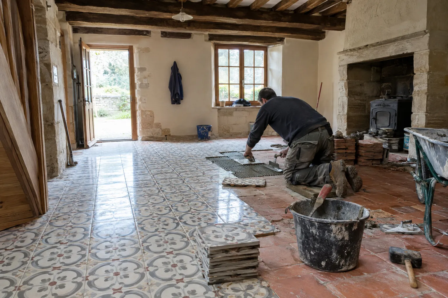 Un sol ancien de maison en cours de rénovation, vieux carrelage déposé à moitié, support remis à nu, carreaux neufs empilés.